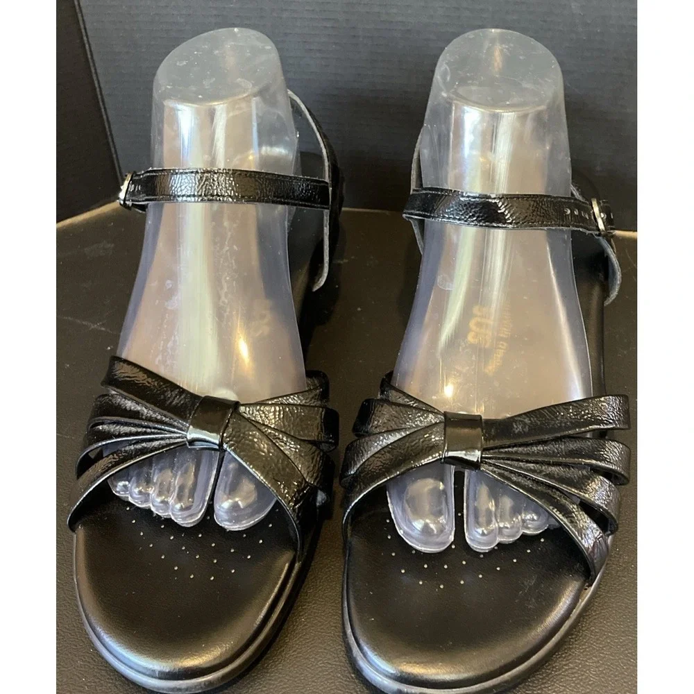 SAS Womens 11 Sanibel Wedge Sandals Black Patent Leather Bow Slingback USA Chic